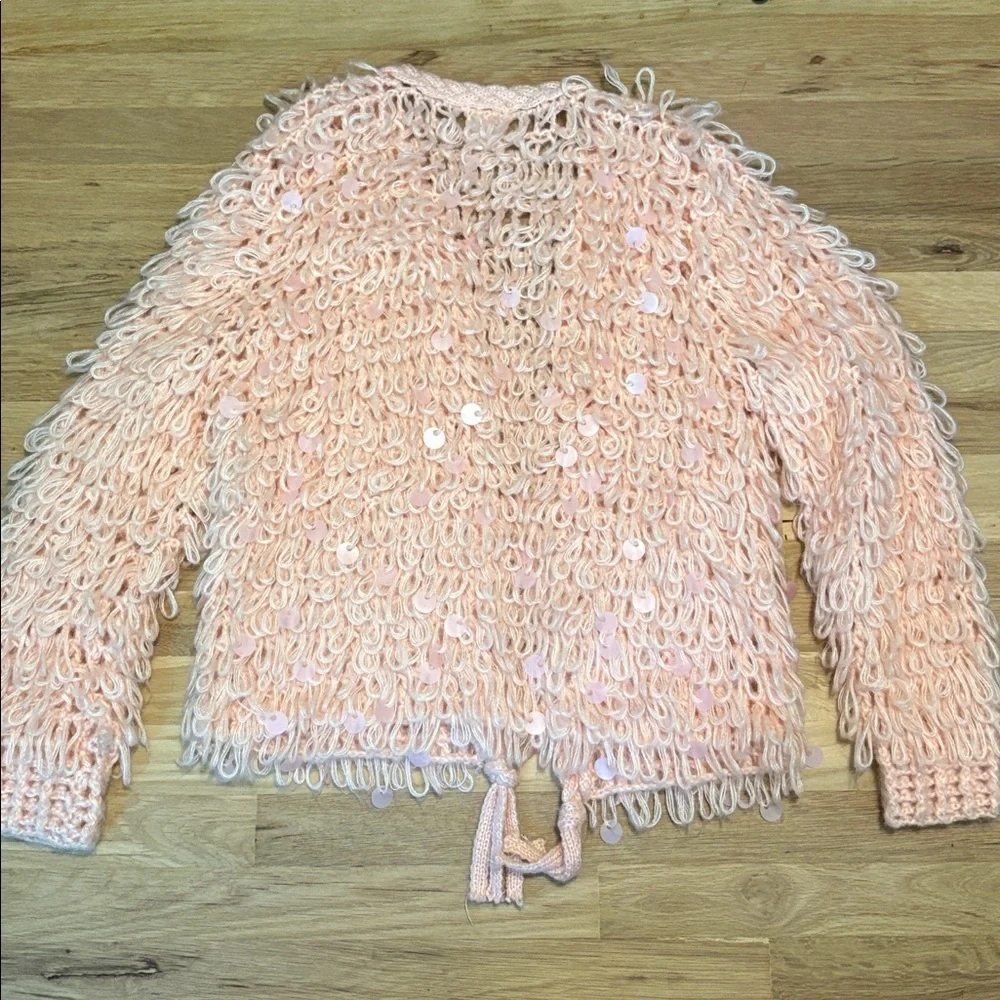 Main Strip Shaggy Lopped Knit & Sequin Pink Textured Cardigan Women’s M - Picture 11 of 13
